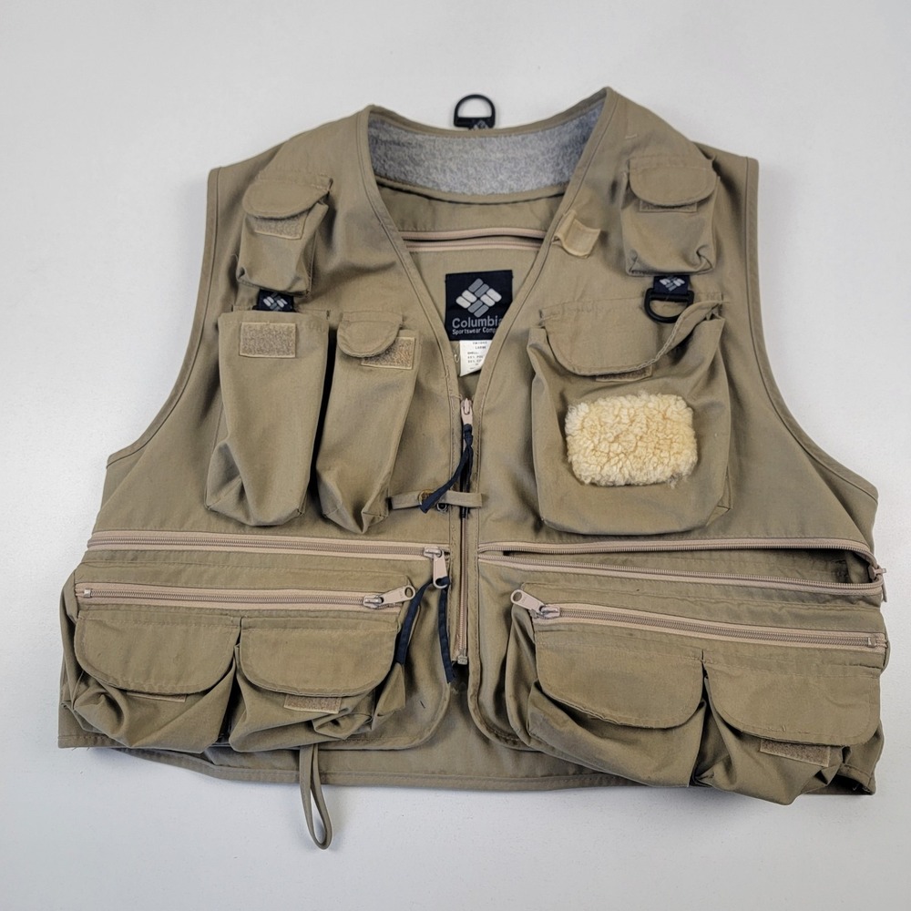 Vintage Columbia Fly Fishing Vest Men Large Tan Utility Hunting Outdoors Camping